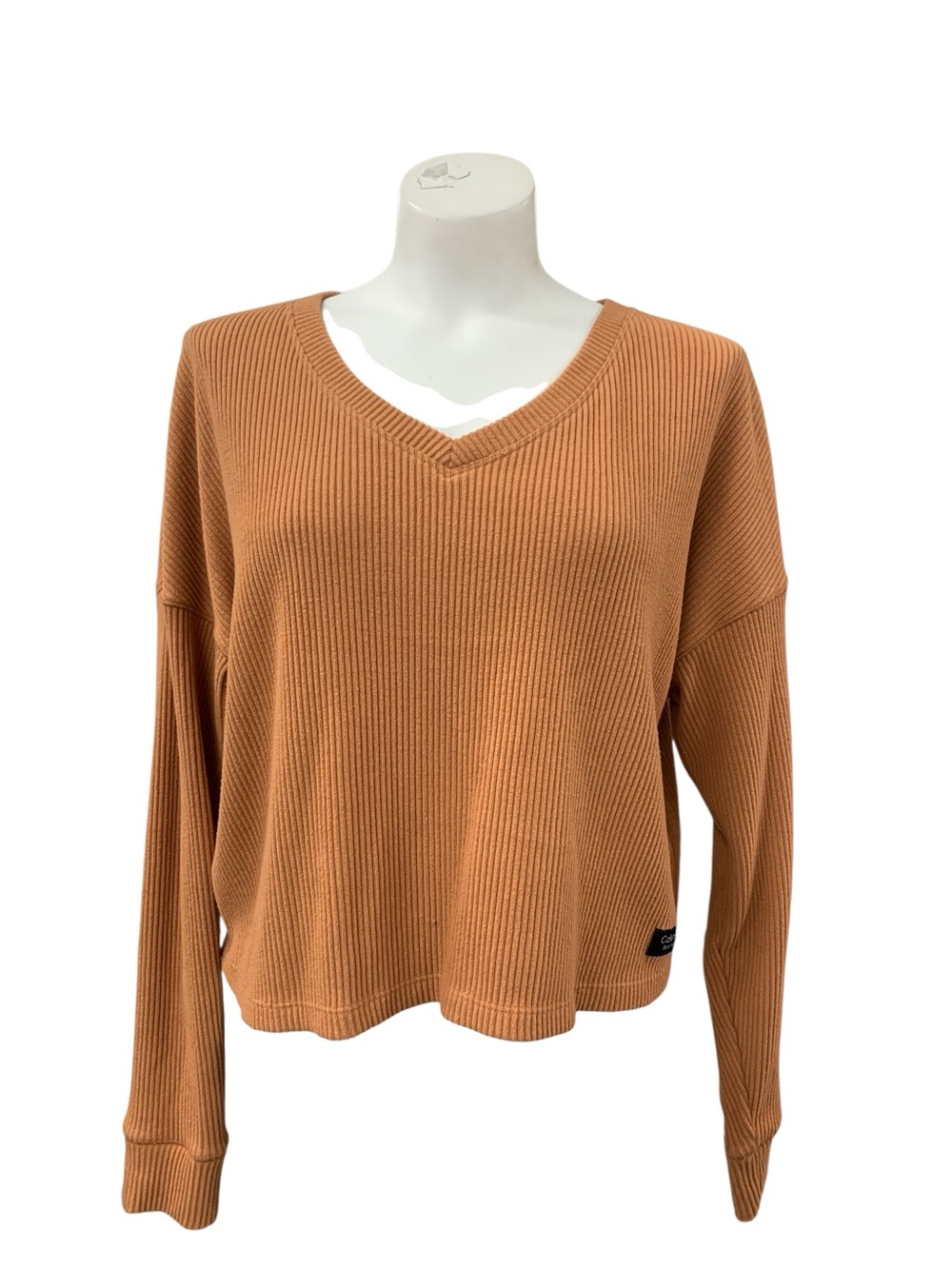 Calvin Klein Ribbed V-Neck Sweater in Camel Brown Size S